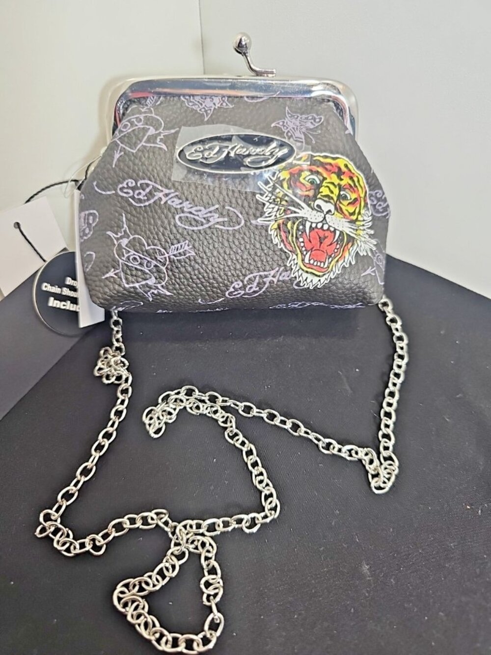 Ed Hardy EHW11705N-42-271 Butterfly & Tiger Logo Black Crossbody Chain Wallet